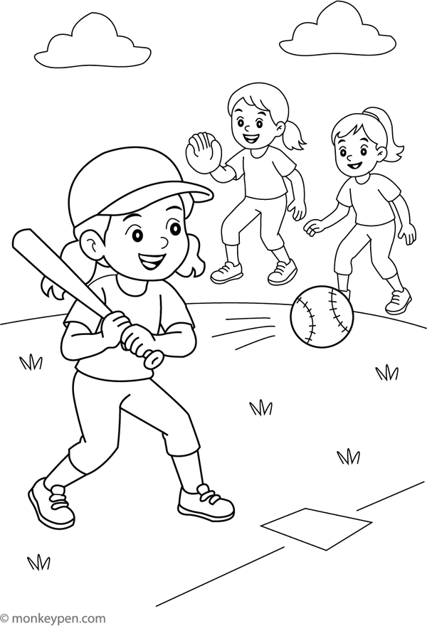 Softball player swinging a bat, ready to hit the ball, perfect for coloring.
