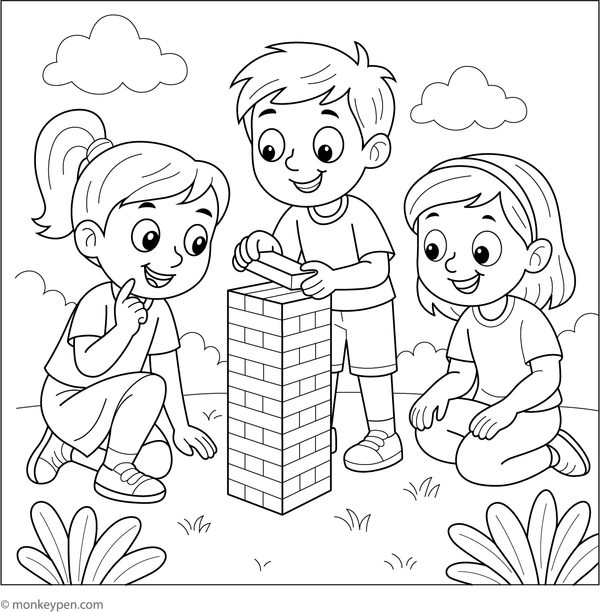 Children playing Jenga, carefully pulling blocks, ideal for children to color.
