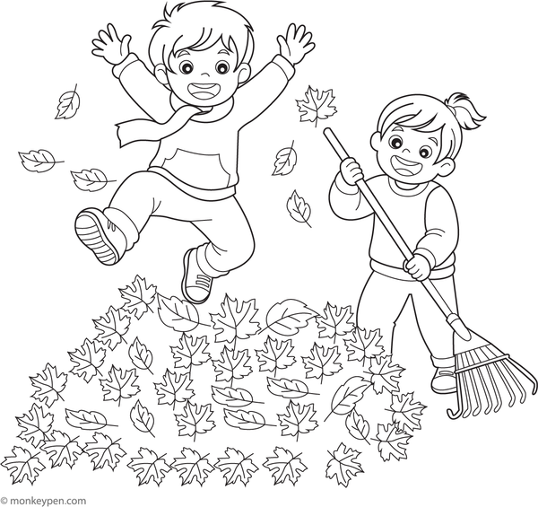 Kids happily raking up fallen leaves in an autumn yard.

