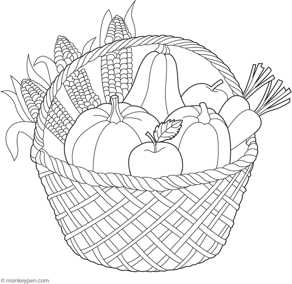  A basket filled with harvest vegetables like pumpkins and corn.
