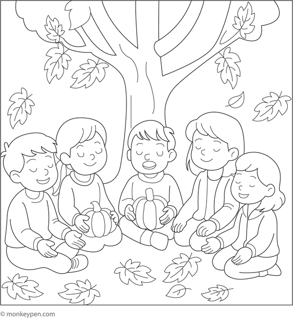  A Thanksgiving tree with leaves featuring words of gratitude.
