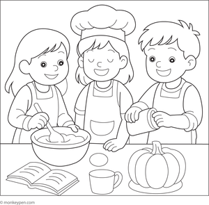 Children helping in the kitchen to prepare Thanksgiving dinner.

