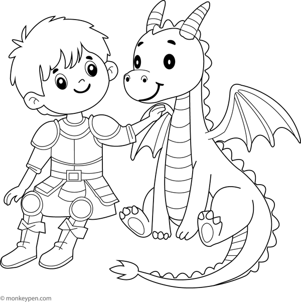  A young knight shaking hands with a friendly dragon Coloring Page