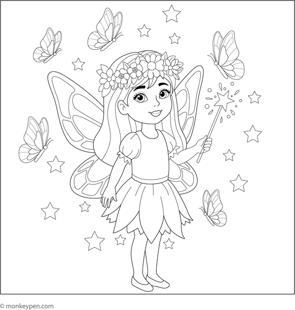 Girl Dressed as a Fairy with Wings | Free Coloring Page
