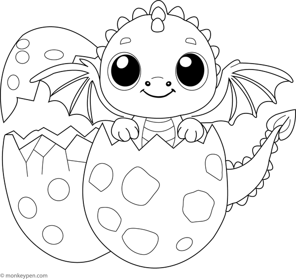 An adorable and lively scene showing a baby dragon emerging from a cracked egg for the first time Coloring Page
