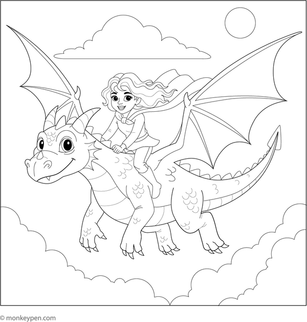 Adventure fills this coloring page as a brave girl rides a soaring dragon across the clouds above distant mountains.
