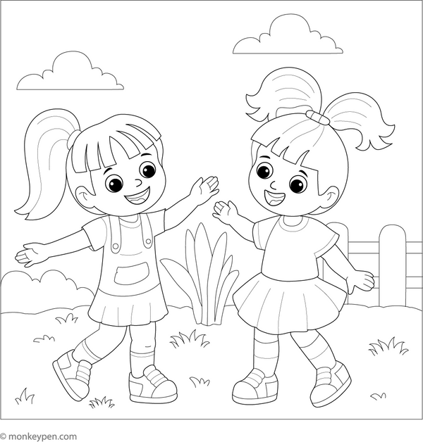 Filled with fun, this coloring page shows two girls enjoying swings and slides in a sunny park with butterflies and trees.

