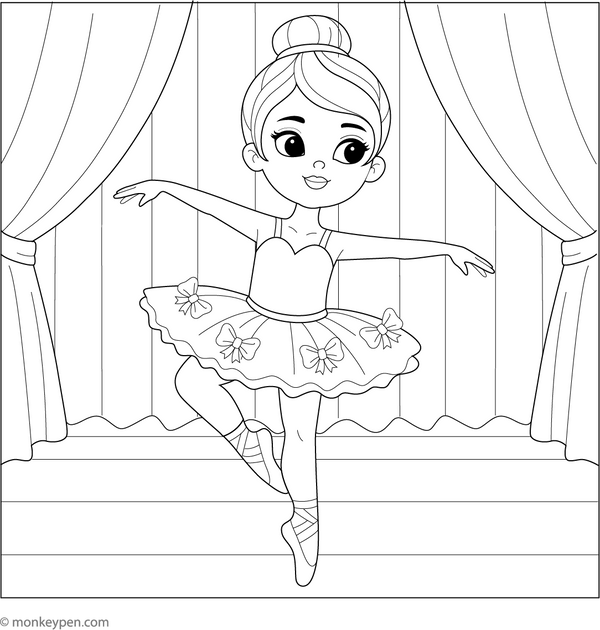 This elegant coloring page shows a ballerina girl in a flowing tutu dancing gracefully among stars and music notes.
