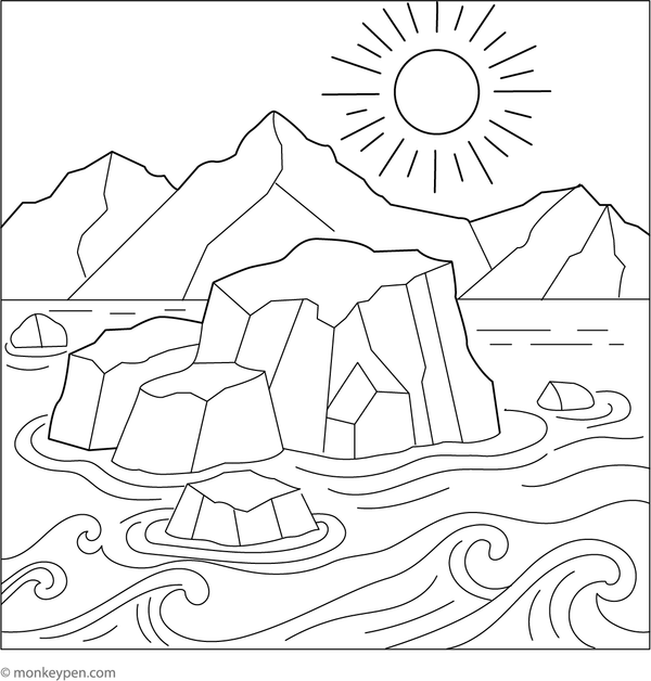 Icebergs floating in Arctic waters with snow and wildlife, ready for coloring.

