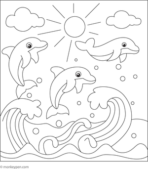 Dolphins leaping through ocean waves, ready for coloring Page
