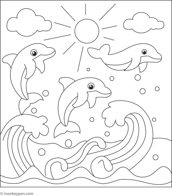 Dolphins leaping through ocean waves, ready for coloring Page
