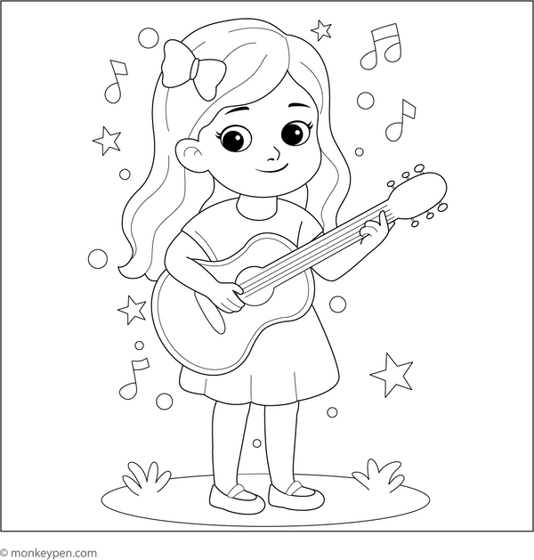 Celebrate sound and rhythm in this coloring page where a smiling girl explores different musical instruments like drums and guitars.
