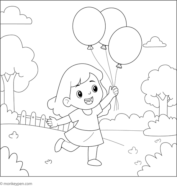 A cheerful coloring page featuring a girl holding balloons in a bright park full of trees, flowers, and happy sunshine.
