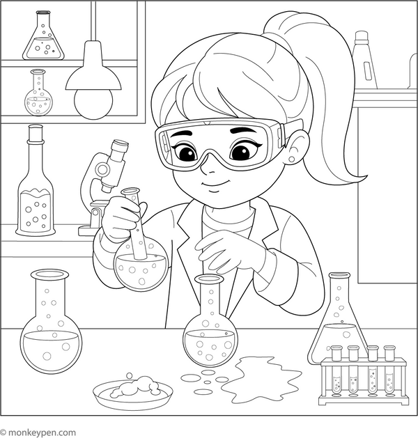 Encouraging discovery, this coloring page shows a girl scientist wearing a lab coat and working with bubbling test tubes.
