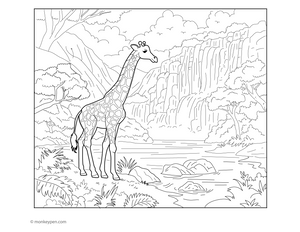 Scenic colouring page showing a giraffe standing beside a tall waterfall with rocks, trees, and splashing water around.
