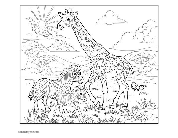 This joyful colouring page features a giraffe and zebra running and playing together in an open grassy field.
