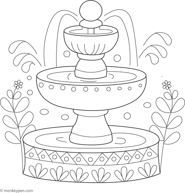 Water fountain spraying water in a garden setting, ready to be colored.
