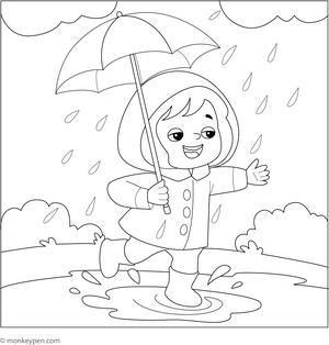 Rainy day fun shines in this coloring page of a girl in a raincoat joyfully splashing in puddles as raindrops fall.
