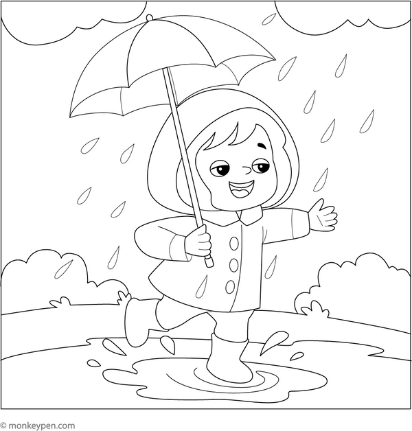 Rainy day fun shines in this coloring page of a girl in a raincoat joyfully splashing in puddles as raindrops fall.
