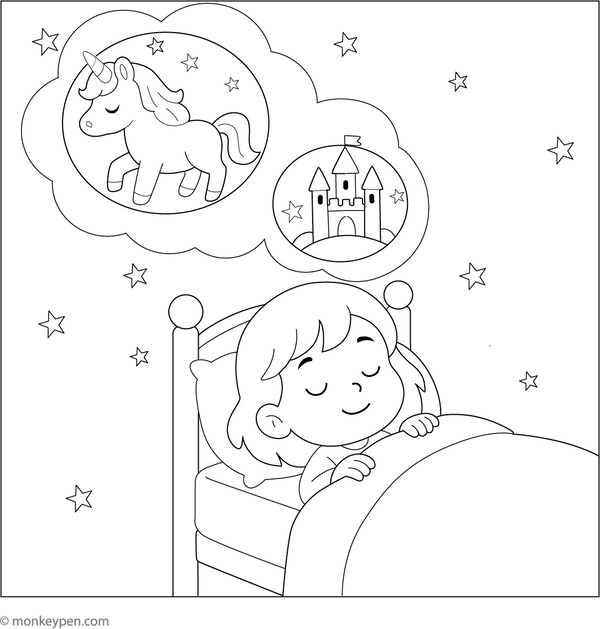 Drift into dreams with this coloring page of a sleeping girl surrounded by clouds, stars, and a magical night sky.
