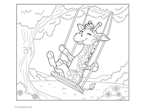 Whimsical colouring page of a smiling giraffe sitting on a tree swing with flowers and clouds in the background.
