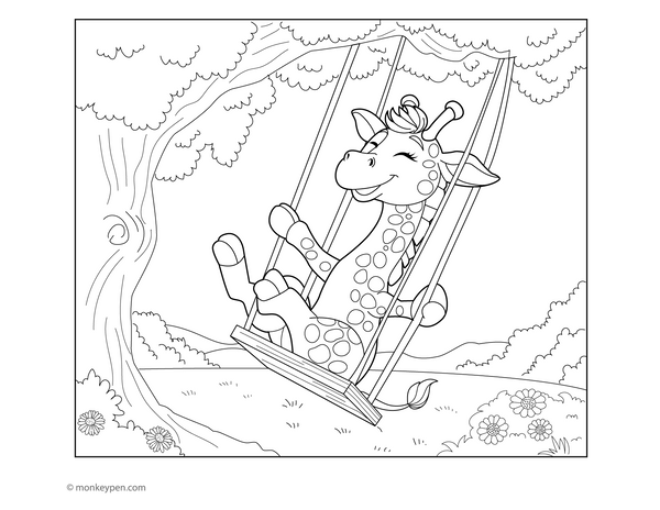 Whimsical colouring page of a smiling giraffe sitting on a tree swing with flowers and clouds in the background.
