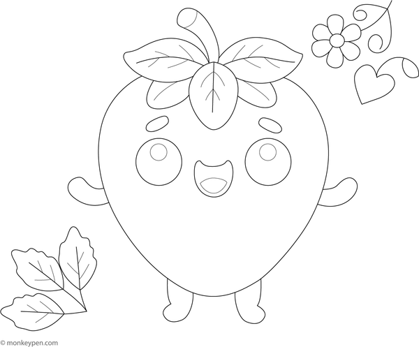 Cute strawberry character with a smiling face and limbs, ready for colouring.
