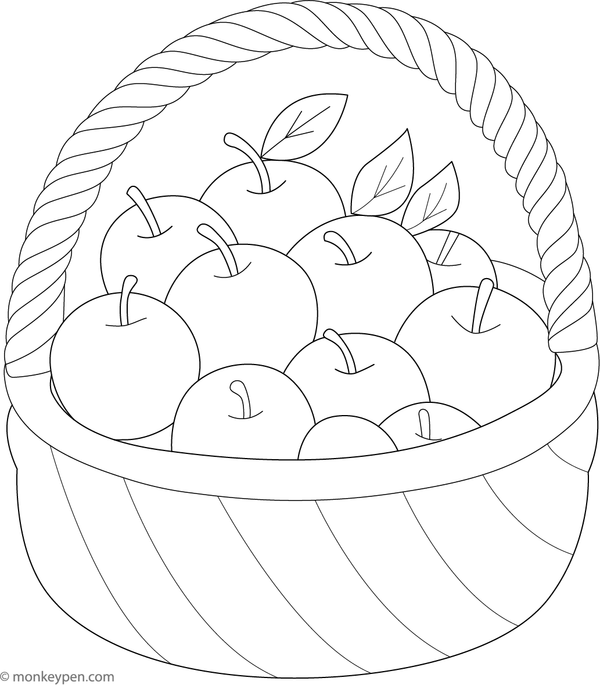 Basket overflowing with apples, prepared for coloring.
