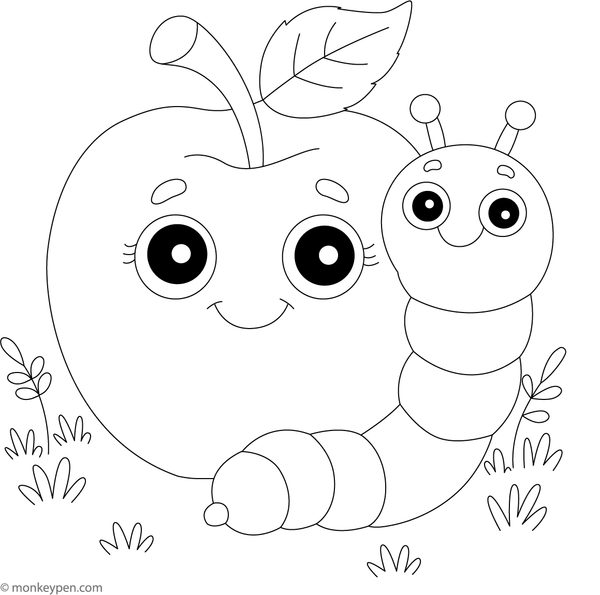 Smiling apple with a worm emerging, ready for coloring.
