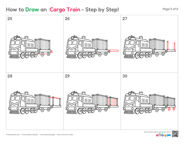 A black-and-white children's drawing guide page titled 'How to Draw an Cargo Train - Step by Step!' showing ten numbered panels with a cargo train illustration, plus colored title text and small publisher marks at the bottom.