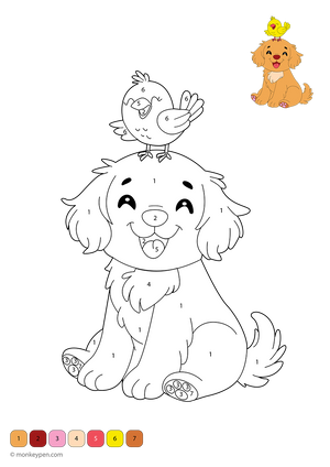 Free downloadable color-by-number worksheet featuring a cheerful Golden Retriever with floppy ears and a golden coat—an engaging dog-themed activity that helps kids build number and color recognition while having fun.