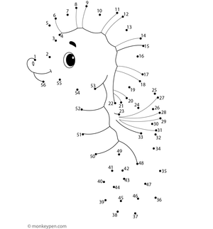 Worksheet showing dots that, when connected, form a cartoon seahorse for coloring and decoration