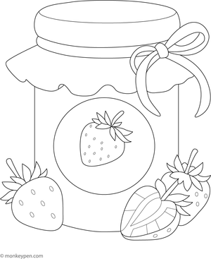 Jar of strawberry jam with a spoon and fresh strawberries, ready to be colored.
