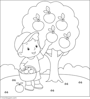 Children picking apples from an orchard tree, ready to be coloured.
