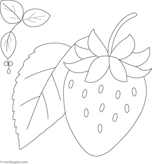 Strawberry with a leaf and stem, ready for colouring.
