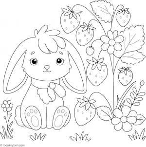 Bunny sitting beside a strawberry, ready to be colored.

