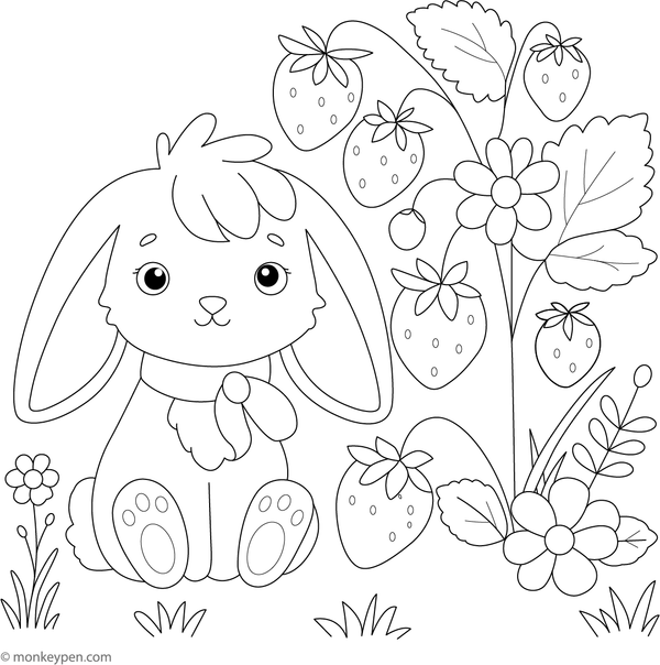 Bunny sitting beside a strawberry, ready to be colored.
