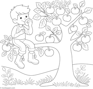Illustration of a boy seated on an apple tree branch, surrounded by apples and leaves, ready for coloring.
