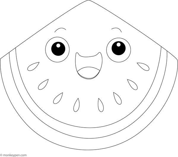 Smiling watermelon slice with a cheerful face, ready to be colored.
