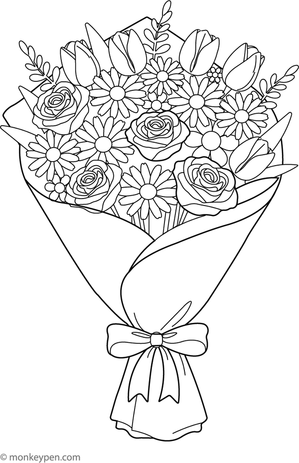 Free Printable Mixed Flower Bouquet Coloring Page