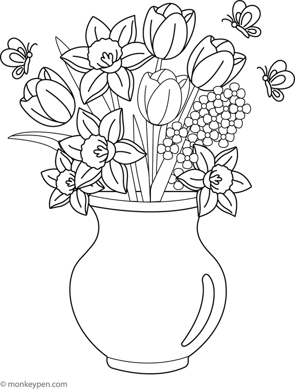 Printable Vase of Spring Flowers Coloring Sheet For Kids