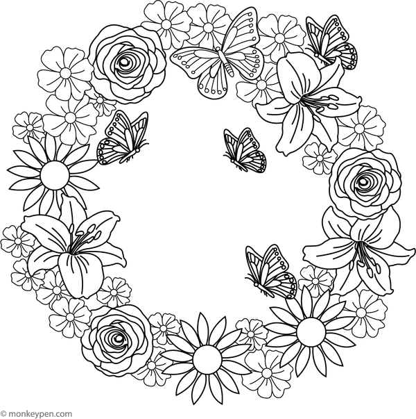 Printable Floral Werath With Butterflies Coloring Imge for Kids