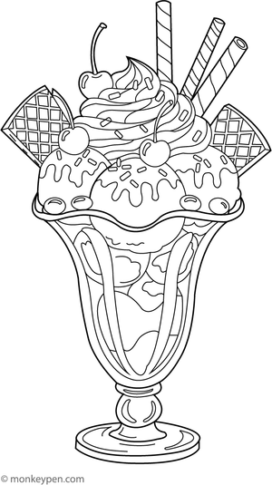Printable Ice Cream Sundae in Fancy Glass Coloring Image for Kids