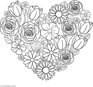 Free Printable Heart Shaped Flower Arrangement Coloring Sheet For Kids