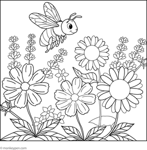 Free Printable Bee Pollinating Flowers Coloring Sheet for Kids