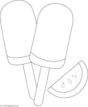 Watermelon-flavored ice lollies with pink and green colors, ready to be colored.
