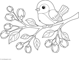 Printable Bird on a Flowering Branch Coloring Image for Kds