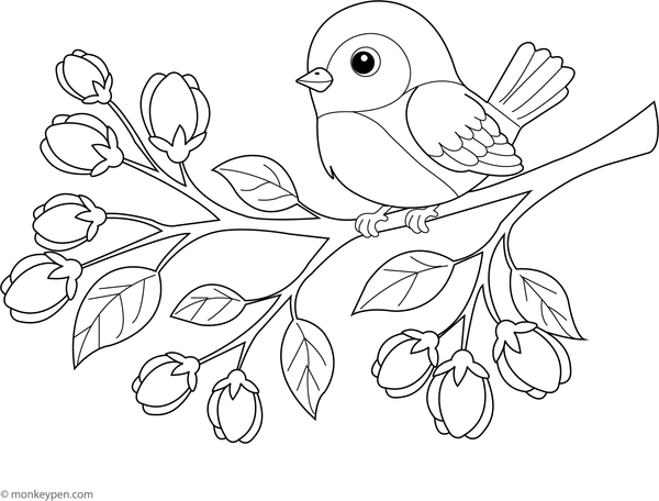 Printable Bird on a Flowering Branch Coloring Image for Kds