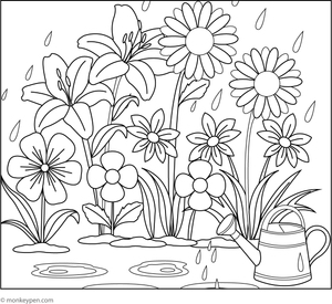 Printable Rain With Blooming Plants Coloring Image for Kids