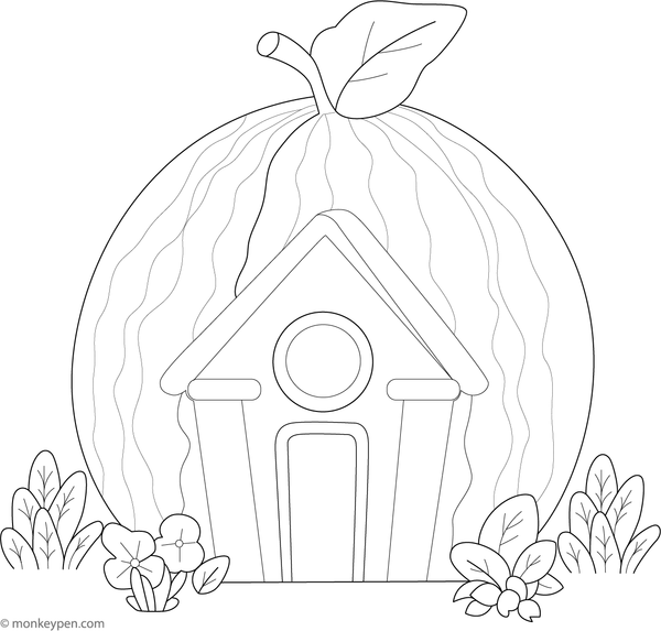 Watermelon-shaped house with pink interior and green rind, ready to be colored.

